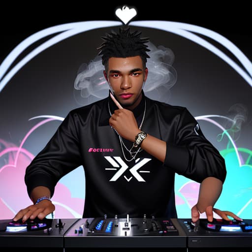  GENERATE A LOGO a black male dj with visual heart throbbing, flasking lights, smoke, large letters-DJ hEART-THROB，