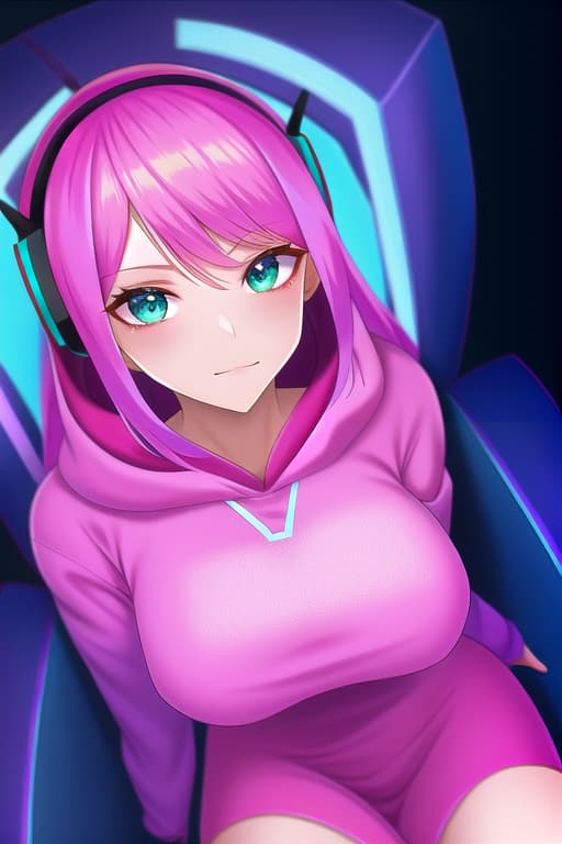  (:1.4), long slightly unruly pink and blue hair, tty, whiny, , gamer , oversized hoodie with cut-out, compression pants, sitting in gaming chair, deep emerald eyes, D.Va headphones, masterpiece, (detailed face), (detailed clothes), f/1.4, ISO 200, 1/160s, 4K, unedited, symmetrical balance, in-frame, masterpiece, perfect lighting, (beautiful face), (detailed face), (detailed clothes), 1 , (woman), 4K, ultrarealistic, unedited, symmetrical balance, in-frame