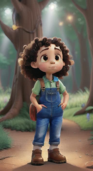  {The tree shining brightly and releasing a gentle, magical light., Riley, a curious with big brown eyes and curly hair, wearing overalls and carrying a small backpack. Their friend, Skye, a bluebird with shiny feathers.