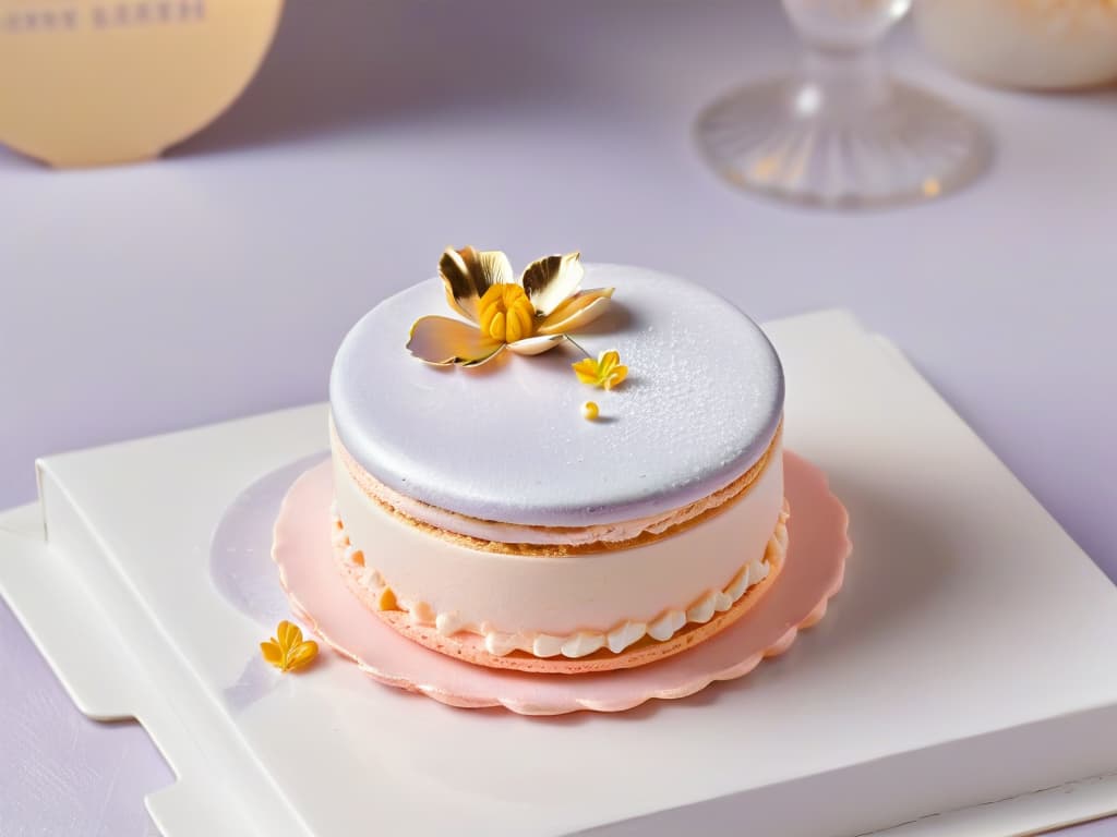  An ultradetailed closeup image of a delicate, intricately designed macaron with a glossy shell in soft pastel colors, adorned with edible gold leaf and delicate sugar flowers. The textured surface of the macaron showcases the fine details of the decorations, capturing the light to create a stunning play of shadows and highlights. The background is a subtle gradient that fades from a muted lavender to a pale pink, providing a soft and elegant contrast to the exquisite dessert. hyperrealistic, full body, detailed clothing, highly detailed, cinematic lighting, stunningly beautiful, intricate, sharp focus, f/1. 8, 85mm, (centered image composition), (professionally color graded), ((bright soft diffused light)), volumetric fog, trending on instagram, trending on tumblr, HDR 4K, 8K