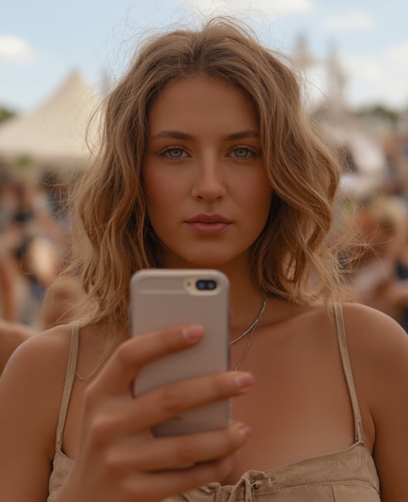  good quality, high quality, portrait of giant s, mive s, (masterpiece), best quality, expressive eyes, perfect face, curvy dd cup irish 40 mature model, bustier, wearing stylish music festival outfit at coachella, outdoor music festival taking a selfie