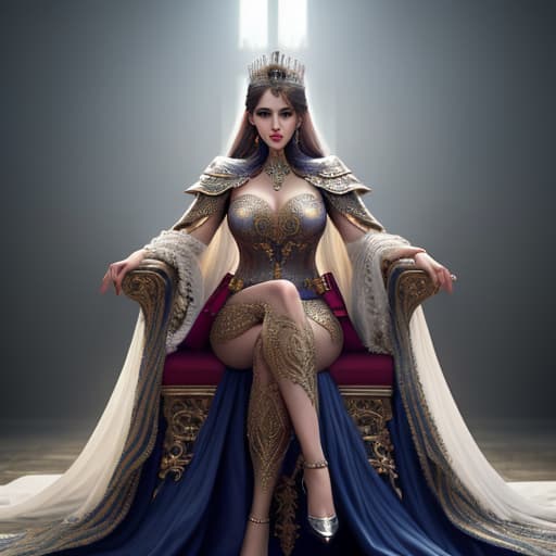  Queen sitting on top of king hyperrealistic, full body, detailed clothing, highly detailed, cinematic lighting, stunningly beautiful, intricate, sharp focus, f/1. 8, 85mm, (centered image composition), (professionally color graded), ((bright soft diffused light)), volumetric fog, trending on instagram, trending on tumblr, HDR 4K, 8K