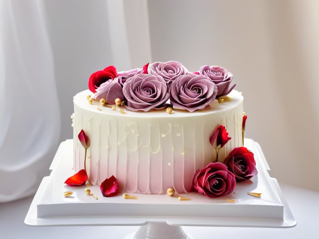  A closeup, ultradetailed photograph of a decadent multilayered lavenderinfused cake adorned with delicate edible rose petals and gold leaf accents. The cake is displayed on a sleek, white marble platter against a soft, blurred background, highlighting the intricate textures and luxurious presentation of the dessert. hyperrealistic, full body, detailed clothing, highly detailed, cinematic lighting, stunningly beautiful, intricate, sharp focus, f/1. 8, 85mm, (centered image composition), (professionally color graded), ((bright soft diffused light)), volumetric fog, trending on instagram, trending on tumblr, HDR 4K, 8K