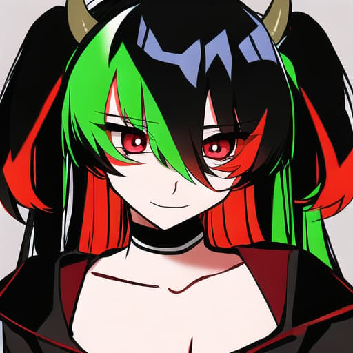  emo black bull, red war markings on face, green hair, glowing horns