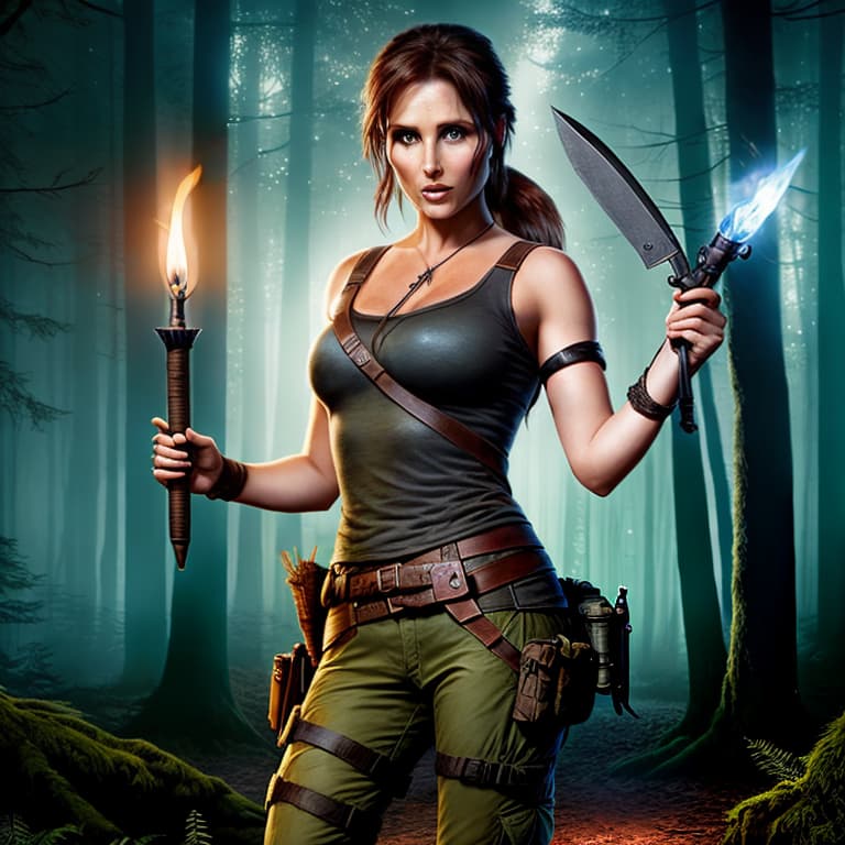  background of an enchanted forest at night with lara croft/sharon den adel, woman holding a small torch and a small knife.