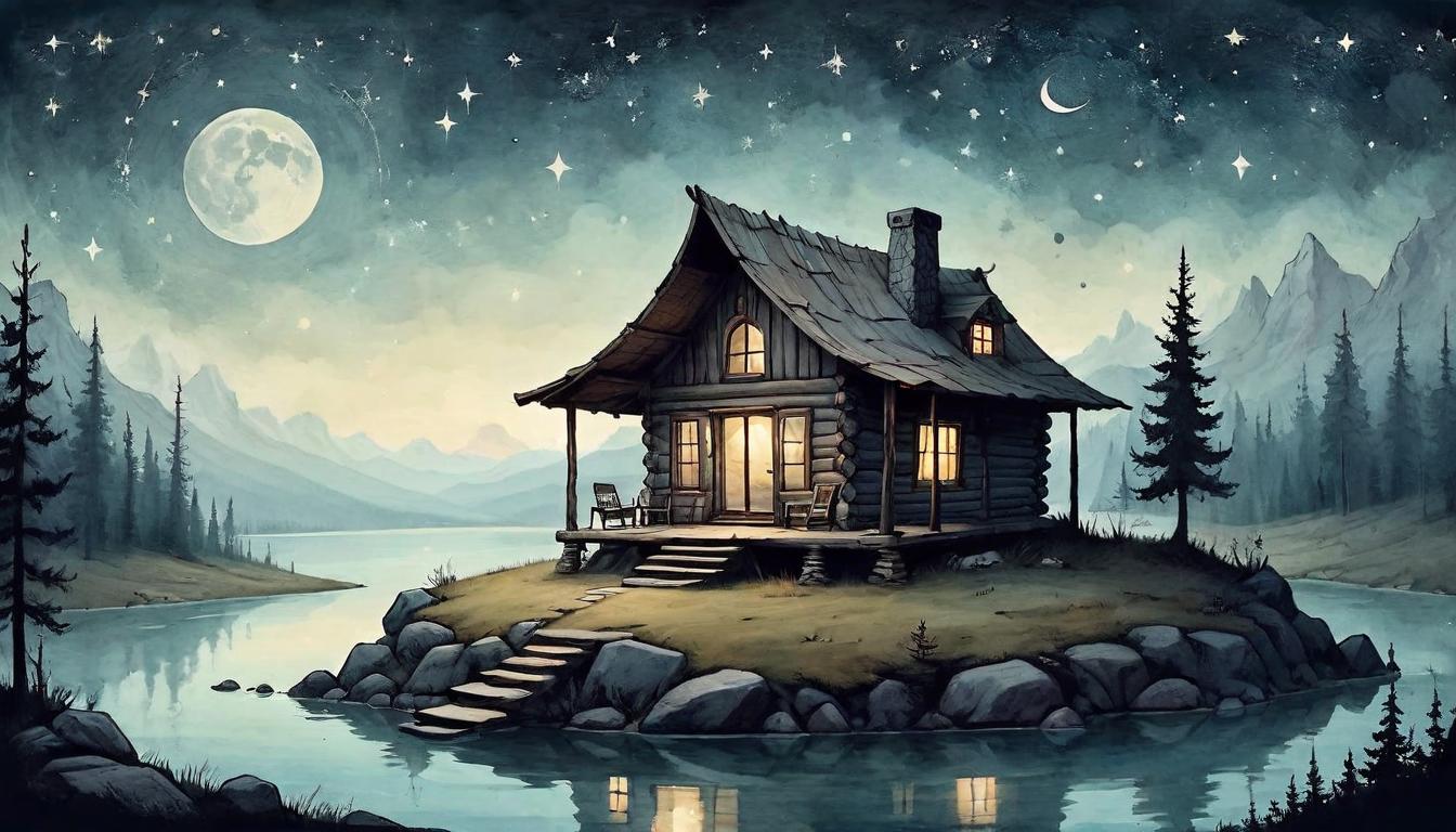  on parchment, surrealism+++, A minimalist cabin in the wilderness under the stars, living true to oneself, simple beauty, harmony with nature, serene isolation(mysterious, provocative, symbolic,muted color)+++