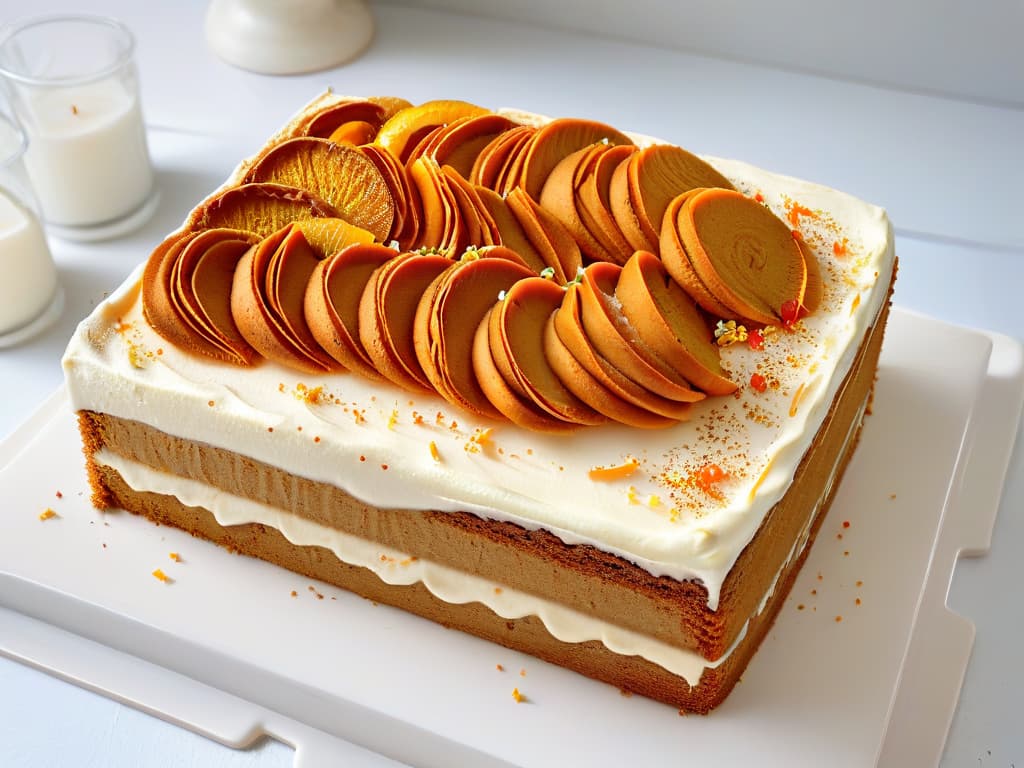  A closeup, ultradetailed image of a freshly baked carrot cake with cream cheese frosting, decorated with intricate swirls of frosting and topped with finely grated orange carrot zest, dusted with a sprinkle of cinnamon. The cake sits on a sleek, white marble countertop, with soft natural light illuminating its moist crumb and decadent layers. The focus is on the rich textures and vibrant colors of the cake, highlighting the artistry and precision required in mastering the technique of carrot cake baking. hyperrealistic, full body, detailed clothing, highly detailed, cinematic lighting, stunningly beautiful, intricate, sharp focus, f/1. 8, 85mm, (centered image composition), (professionally color graded), ((bright soft diffused light)), volumetric fog, trending on instagram, trending on tumblr, HDR 4K, 8K