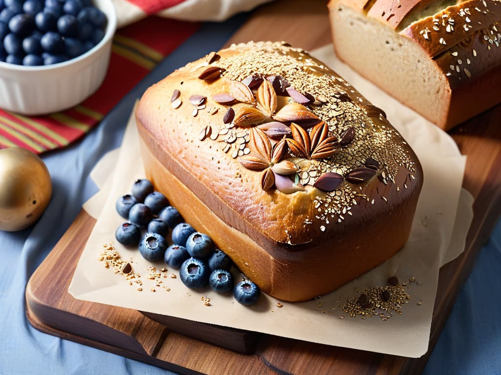  A minimalistic image of a freshly baked loaf of bread made with whole grain flour, topped with a sprinkling of flaxseeds and accompanied by a few ripe, plump blueberries. The bread is sliced gently to reveal its soft, airy texture, with a golden crust that glistens under a soft, natural light. The background is a simple, neutraltoned surface that enhances the natural colors of the bread and berries, creating a serene and appetizing composition. hyperrealistic, full body, detailed clothing, highly detailed, cinematic lighting, stunningly beautiful, intricate, sharp focus, f/1. 8, 85mm, (centered image composition), (professionally color graded), ((bright soft diffused light)), volumetric fog, trending on instagram, trending on tumblr, HDR 4K, 8K