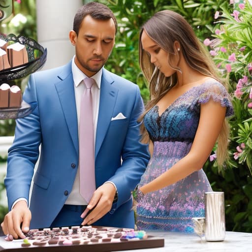  Beautiful Jessica Alba and boyfriend looking down (lace multi colored pastel designer dress, men’s blue business suit)(dark shadowed lighting)(Superrealism)(Foreground: open small box of fine dark chocolates on a reflective marble serving table) Background lush garden with fountain.