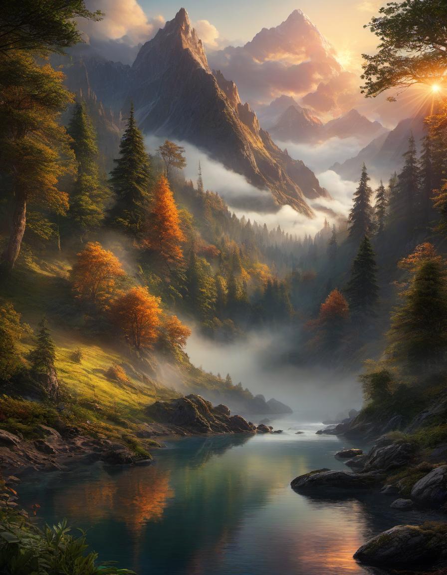  fairy tale digital painting of a beautiful mountain landscape, lake, forest, sunset, cloudy . magical, fantastical, enchanting, storybook style, highly detailed hyperrealistic, full body, detailed clothing, highly detailed, cinematic lighting, stunningly beautiful, intricate, sharp focus, f/1. 8, 85mm, (centered image composition), (professionally color graded), ((bright soft diffused light)), volumetric fog, trending on instagram, trending on tumblr, HDR 4K, 8K