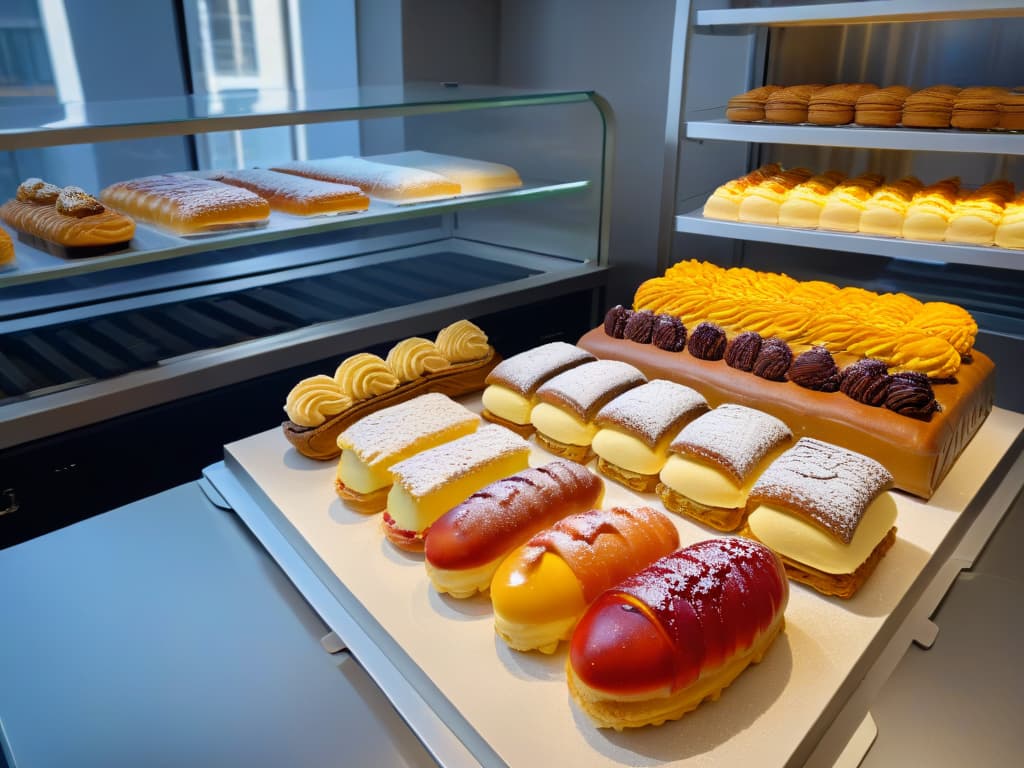  An 8k ultradetailed image of a pristine, sleek kitchen counter showcasing an array of meticulously crafted éclairs and choux pastries. Each pastry is elegantly decorated with vibrant colors and intricate designs, exuding a sense of artistry and precision. The pastries are arranged in a visually appealing pattern, highlighting their delicate textures and exquisite details. The soft, natural lighting enhances the subtle shine of the pastries, creating a captivating and mouthwatering visual display that embodies the artistry and sophistication of the pastry workshop. hyperrealistic, full body, detailed clothing, highly detailed, cinematic lighting, stunningly beautiful, intricate, sharp focus, f/1. 8, 85mm, (centered image composition), (professionally color graded), ((bright soft diffused light)), volumetric fog, trending on instagram, trending on tumblr, HDR 4K, 8K