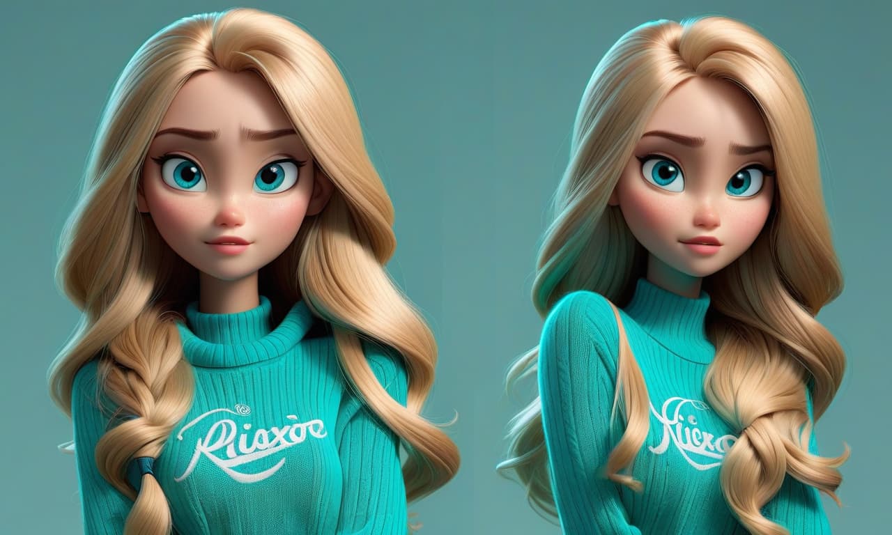  professional 3d model Draw a girl with the Pixar style, long hair. She has light hair. She has blue green eyes. She wears a turquoise sweater. She says hello. . octane render, highly detailed, volumetric, dramatic lighting hyperrealistic, full body, detailed clothing, highly detailed, cinematic lighting, stunningly beautiful, intricate, sharp focus, f/1. 8, 85mm, (centered image composition), (professionally color graded), ((bright soft diffused light)), volumetric fog, trending on instagram, trending on tumblr, HDR 4K, 8K