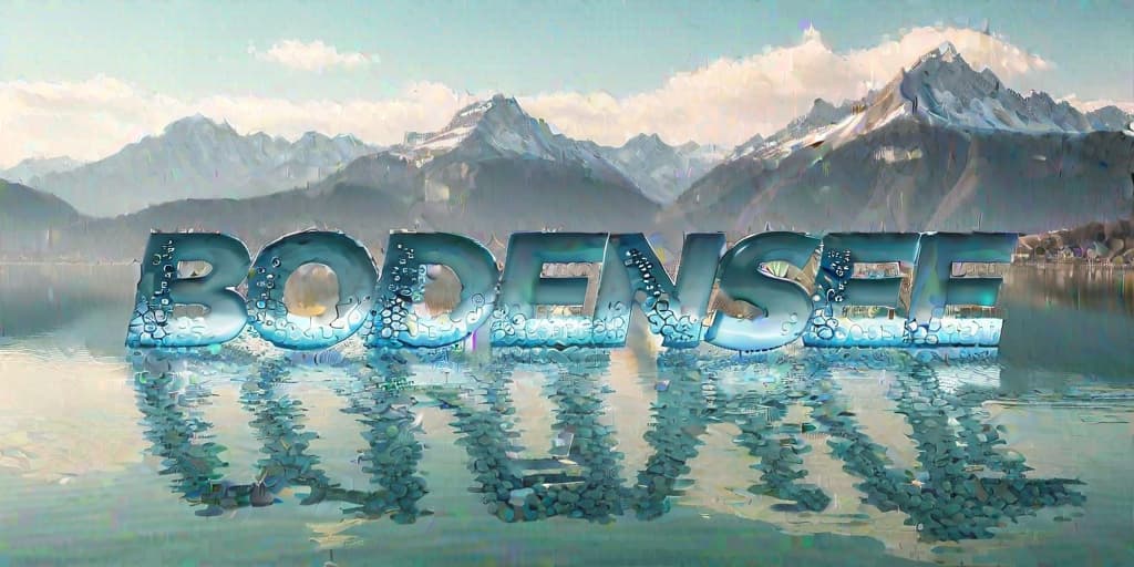  3D text "BODENSEE" made of water bubbles, floating above a lake, mountains in the background, high resolution photo style.