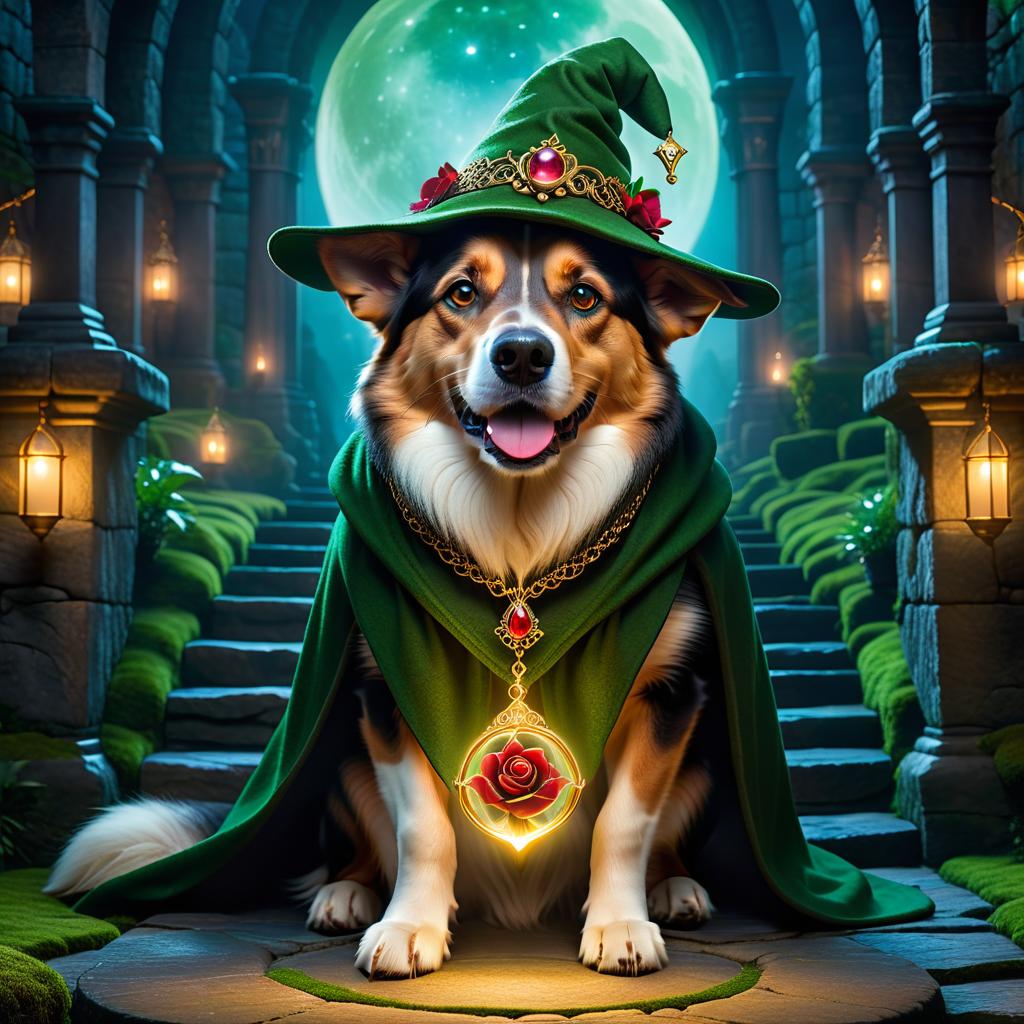  ethereal fantasy concept art of (Background):Moonlit night spires of an ancient stone building between the stones of which moss grows. At the bottom of a stone staircase, a dog sits on a wide platform. In front of him is a golden magic circle. (Dog): black brown with golden underparts, with green eyes. He is wearing a black cloak with a rose pin. On his head is a hat with a gold buckle and a red rosebud. Around his neck is a golden magic pendant with a red gemstone. Translated with DeepL.com (free version) . magnificent, celestial, ethereal, painterly, epic, majestic, magical, fantasy art, cover art, dreamy, hkmagic hyperrealistic, full body, detailed clothing, highly detailed, cinematic lighting, stunningly beautiful, intricate, sharp focus, f/1. 8, 85mm, (centered image composition), (professionally color graded), ((bright soft diffused light)), volumetric fog, trending on instagram, trending on tumblr, HDR 4K, 8K