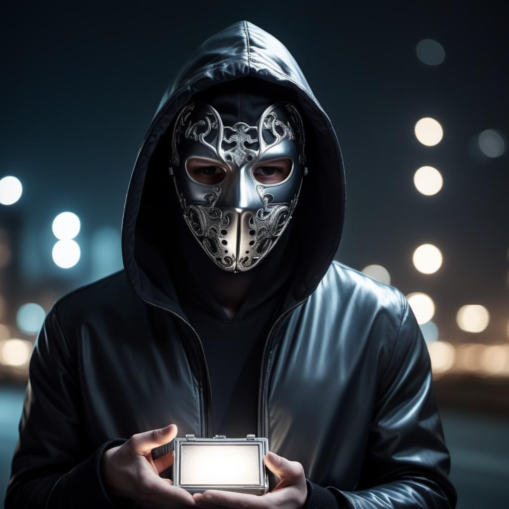  a man in a hood, his face covered with a mask, a silver case in his hands, night, turned sideways, dark jacket, super visualization.