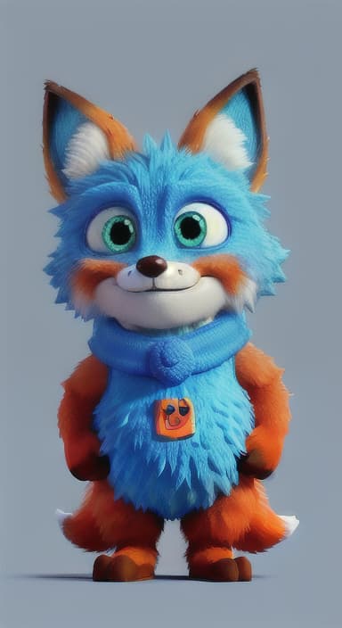  {Error the fox pressing the blue button with his paw, looking puzzled as nothing occurs., Error is a small, bright orange fox with a fluffy tail and big, inquisitive eyes. He has a mischievous yet kind expression and wears a tiny green scarf.