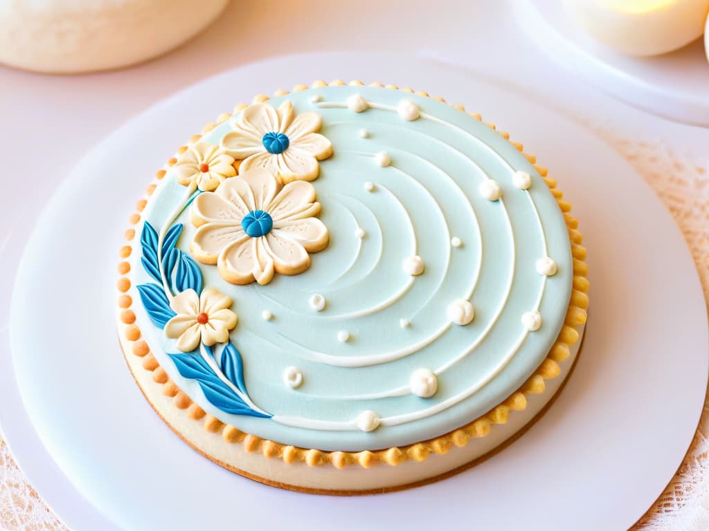  A closeup, ultradetailed image of intricate lacelike royal icing piping on a perfectly smooth and glossy sugar cookie. The design features delicate swirls, dots, and floral patterns in white icing against a soft pastel background, showcasing expert precision and skill in cookie decorating techniques. hyperrealistic, full body, detailed clothing, highly detailed, cinematic lighting, stunningly beautiful, intricate, sharp focus, f/1. 8, 85mm, (centered image composition), (professionally color graded), ((bright soft diffused light)), volumetric fog, trending on instagram, trending on tumblr, HDR 4K, 8K