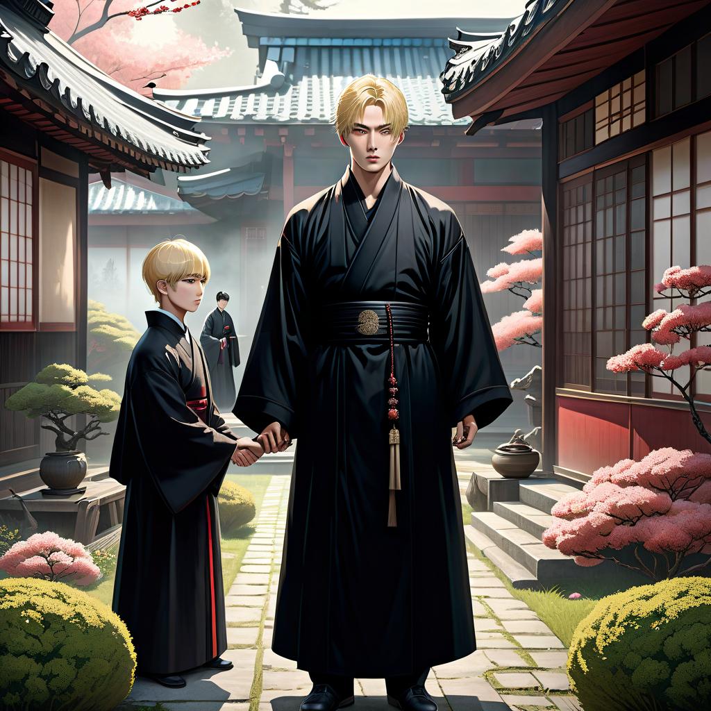  macabre style On the image there are three people. The first object is a Korean pastor in a black robe, who stands in the background of a garden. The second object is a blond haired Japanese boy, standing in a Japanese style house. The third object is a haired Russian with an oval face. The and the boy are holding hands. . dark, gothic, grim, haunting, highly detailed hyperrealistic, full body, detailed clothing, highly detailed, cinematic lighting, stunningly beautiful, intricate, sharp focus, f/1. 8, 85mm, (centered image composition), (professionally color graded), ((bright soft diffused light)), volumetric fog, trending on instagram, trending on tumblr, HDR 4K, 8K