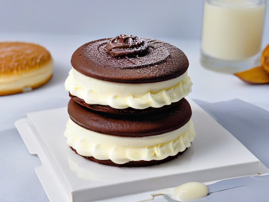  A closeup, ultradetailed image of a perfectly baked and assembled whoopie pie, showcasing its moist chocolate cake layers sandwiching a fluffy vanilla cream filling. The glossy sheen on the surface of the cake reflects the soft ambient lighting, while tiny vanilla bean specks are visible in the creamy filling. The crumb of the cake appears delicate and moist, with a slight crinkle on the edges where it meets the luscious filling. The minimalistic composition highlights the intricate textures and rich colors of this iconic treat, inviting the viewer to indulge in its decadent simplicity. hyperrealistic, full body, detailed clothing, highly detailed, cinematic lighting, stunningly beautiful, intricate, sharp focus, f/1. 8, 85mm, (centered image composition), (professionally color graded), ((bright soft diffused light)), volumetric fog, trending on instagram, trending on tumblr, HDR 4K, 8K