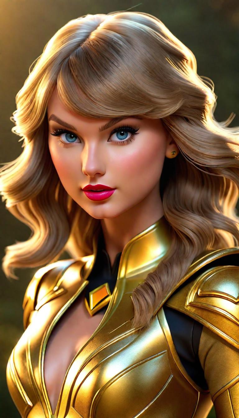  Professional 3D model of Taylor Swift as a Gold Power Ranger . Rendered with Octane, the model is highly detailed,dramatic lighting. hyperrealistic, full body, detailed clothing, highly detailed, cinematic lighting, stunningly beautiful, intricate, sharp focus, f/1. 8, 85mm, (centered image composition), (professionally color graded), ((bright soft diffused light)), volumetric fog, trending on instagram, trending on tumblr, HDR 4K, 8K