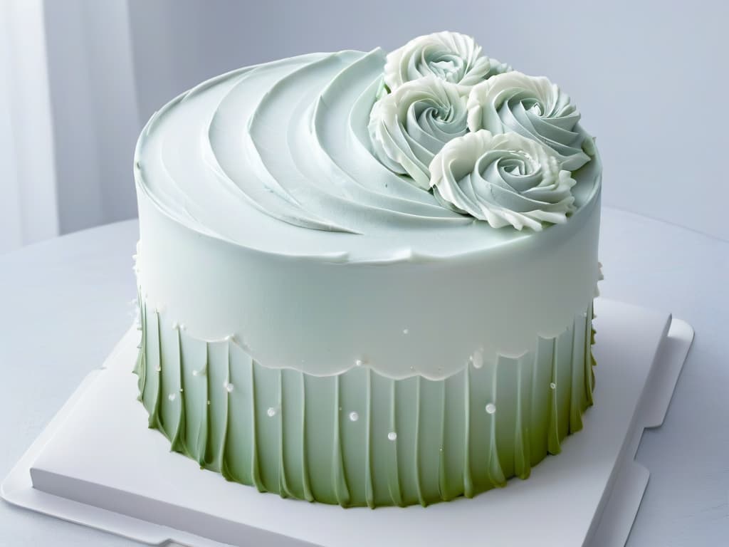  An ultradetailed closeup image of a delicate, intricate swirl of glossy white royal icing cascading down the side of a perfectly frosted cake. The icing is flawlessly smooth, capturing the light to create a mesmerizing shine. Every curve and detail of the icing is visible, showcasing the artistry and precision of the decorator's technique. The background is blurred to keep the focus solely on the elegant design of the glaze, highlighting its professional and inspiring quality. hyperrealistic, full body, detailed clothing, highly detailed, cinematic lighting, stunningly beautiful, intricate, sharp focus, f/1. 8, 85mm, (centered image composition), (professionally color graded), ((bright soft diffused light)), volumetric fog, trending on instagram, trending on tumblr, HDR 4K, 8K