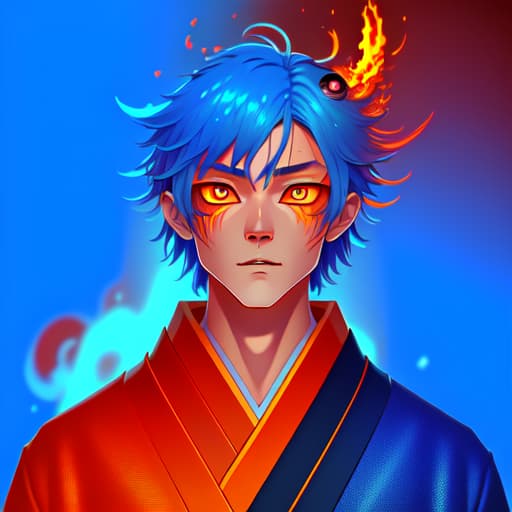 in OliDisco style Japanese manga male. narrow eyes. eyes in the fire. vertical pupils. colored. unique art style. blue and red split color. 3D image of the whole body. c4d. oc rendering. 32k. the best quality.