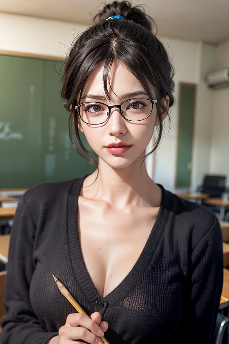  ultra high res, (photorealistic:1.4), raw photo, (realistic face), realistic eyes, (realistic skin), <lora:XXMix9_v20LoRa:0.8>, ((((masterpiece)))), best quality, very_high_resolution, ultra-detailed, in-frame, luscious black hair, ponytail, glasses, middle-aged woman, struggling during the exam, holding a sharp pencil, spacious classroom, deep red v-neck sweater