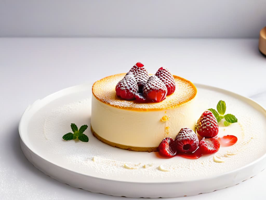  An ultradetailed closeup image of a perfectly cooked sous vide cheesecake, showcasing a smooth, creamy texture with a golden brown crust on top. The cheesecake is elegantly garnished with fresh raspberries, mint leaves, and a light dusting of powdered sugar, all set on a simple white plate against a clean, modern backdrop, highlighting the precision and sophistication of sous vide cooking in creative pastry making. hyperrealistic, full body, detailed clothing, highly detailed, cinematic lighting, stunningly beautiful, intricate, sharp focus, f/1. 8, 85mm, (centered image composition), (professionally color graded), ((bright soft diffused light)), volumetric fog, trending on instagram, trending on tumblr, HDR 4K, 8K