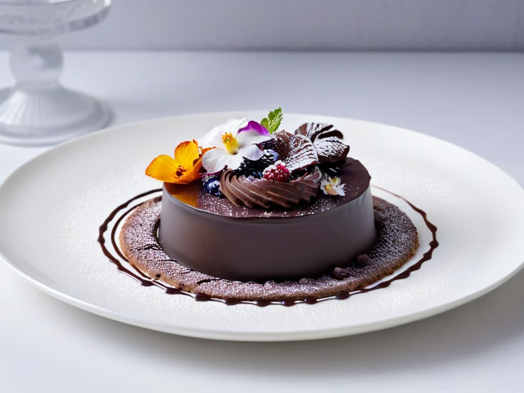  A highresolution, minimalist image of a delicate chocolate dessert plated elegantly on a white, fine china dish. The dessert is meticulously crafted, showcasing intricate molecular gastronomy techniques with swirls of chocolate sauce, edible flowers delicately placed, and a dusting of cocoa powder adding a finishing touch. The background is softly blurred to keep the focus on the exquisite dessert, creating a visually stunning and sophisticated image that complements the theme of molecular chocolate pastry challenges and solutions. hyperrealistic, full body, detailed clothing, highly detailed, cinematic lighting, stunningly beautiful, intricate, sharp focus, f/1. 8, 85mm, (centered image composition), (professionally color graded), ((bright soft diffused light)), volumetric fog, trending on instagram, trending on tumblr, HDR 4K, 8K