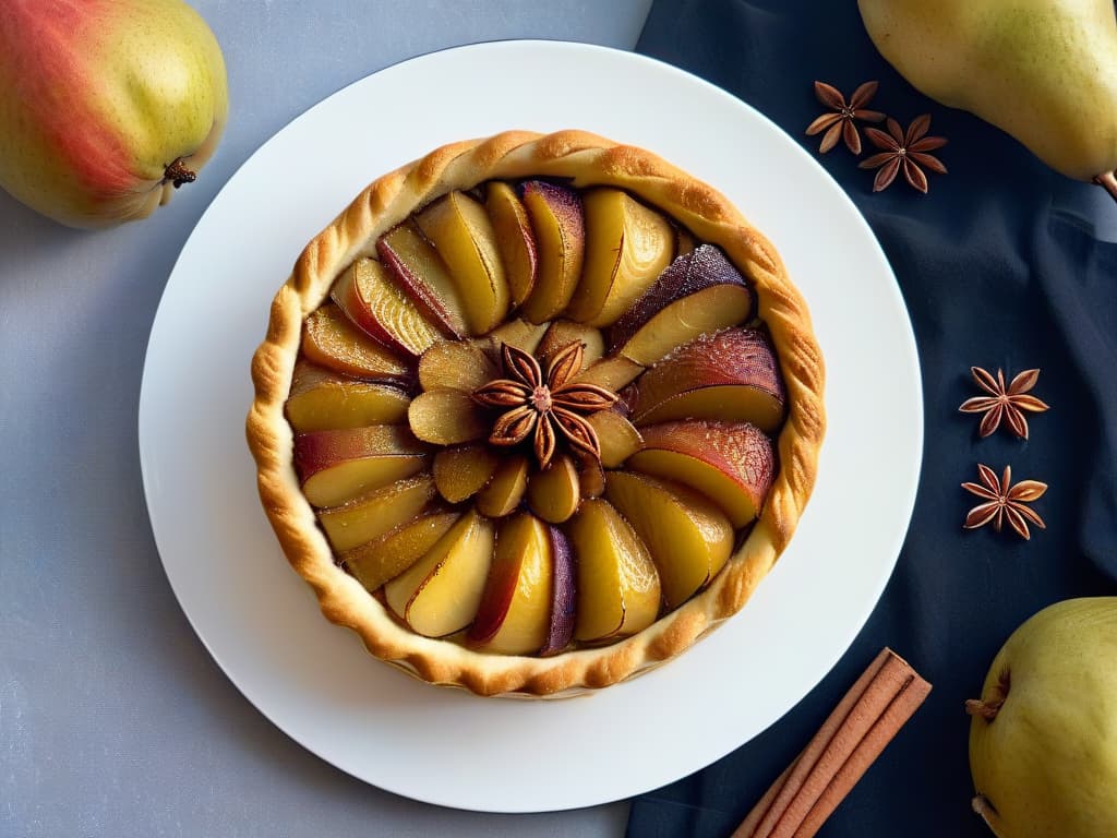  An ultradetailed image of a perfectly baked pear and spice tart, showcasing a goldenbrown crust with intricate lattice work, sliced pears arranged in a beautiful pattern, and a sprinkle of cinnamon and cloves on top. The lighting is soft, highlighting the textures and colors of the dessert, with a subtle steam rising from the warm tart, evoking a cozy and inviting feel. hyperrealistic, full body, detailed clothing, highly detailed, cinematic lighting, stunningly beautiful, intricate, sharp focus, f/1. 8, 85mm, (centered image composition), (professionally color graded), ((bright soft diffused light)), volumetric fog, trending on instagram, trending on tumblr, HDR 4K, 8K