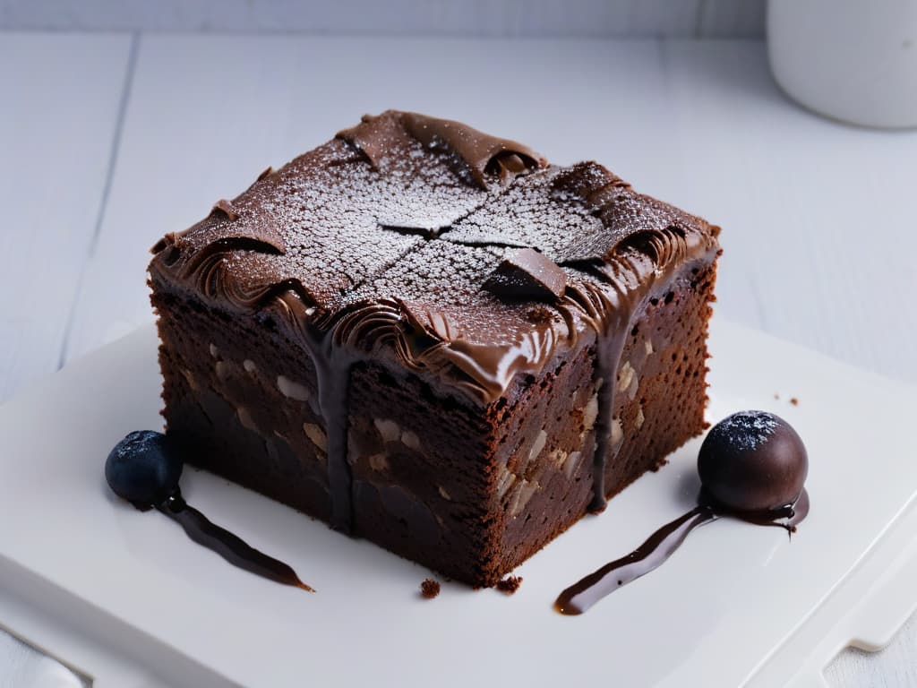  A minimalist, ultradetailed closeup image of a freshly baked brownie with a glossy, cracked crust on top, showcasing the moist and fudgy texture inside. The rich chocolatey crumb structure glistens under a soft light, emphasizing the contrast between the crispy exterior and the dense, velvety interior. The square brownie rests on a pristine white porcelain plate, with subtle crumbs scattered around, inviting the viewer to indulge in the decadent treat. hyperrealistic, full body, detailed clothing, highly detailed, cinematic lighting, stunningly beautiful, intricate, sharp focus, f/1. 8, 85mm, (centered image composition), (professionally color graded), ((bright soft diffused light)), volumetric fog, trending on instagram, trending on tumblr, HDR 4K, 8K