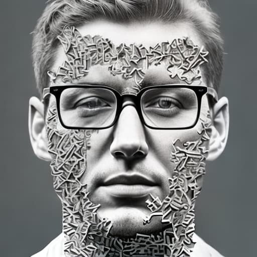 dublex style A4 paper, b&w, man wearing glasses, nature built from medium sized contrasted puzzle pieces, unfinished puzzle