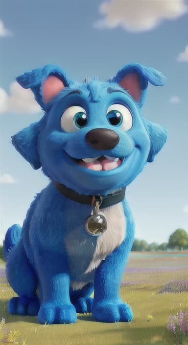  {A happy, big blue dog wagging its tail in a colorful meadow, The big blue dog is large with sky blue fur, big round eyes, a black nose, and floppy ears.