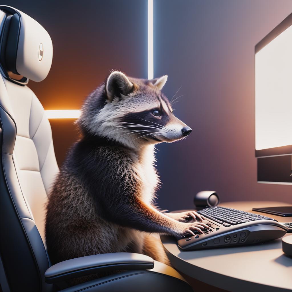  raccoon sitting in gaming chair front a computer on desktop, ((semi anthropomorphic)),(full body), tail, belly, sitting, fat, (chubby), (((white background))), solo, desktop, gaming chair, side view,  [[[clothes]]] hyperrealistic, full body, detailed clothing, highly detailed, cinematic lighting, stunningly beautiful, intricate, sharp focus, f/1. 8, 85mm, (centered image composition), (professionally color graded), ((bright soft diffused light)), volumetric fog, trending on instagram, trending on tumblr, HDR 4K, 8K