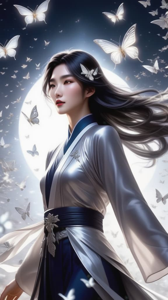  The youth shattered into thousands of silver butterflies, scattering into a breeze of silver twinkling stars. While it wasn’t the time for it, after Xie Lian had backed a couple of steps away, he couldn’t help but sigh in awe. This sight truly was as beautiful as a fantastic dream. hyperrealistic, full body, detailed clothing, highly detailed, cinematic lighting, stunningly beautiful, intricate, sharp focus, f/1. 8, 85mm, (centered image composition), (professionally color graded), ((bright soft diffused light)), volumetric fog, trending on instagram, trending on tumblr, HDR 4K, 8K