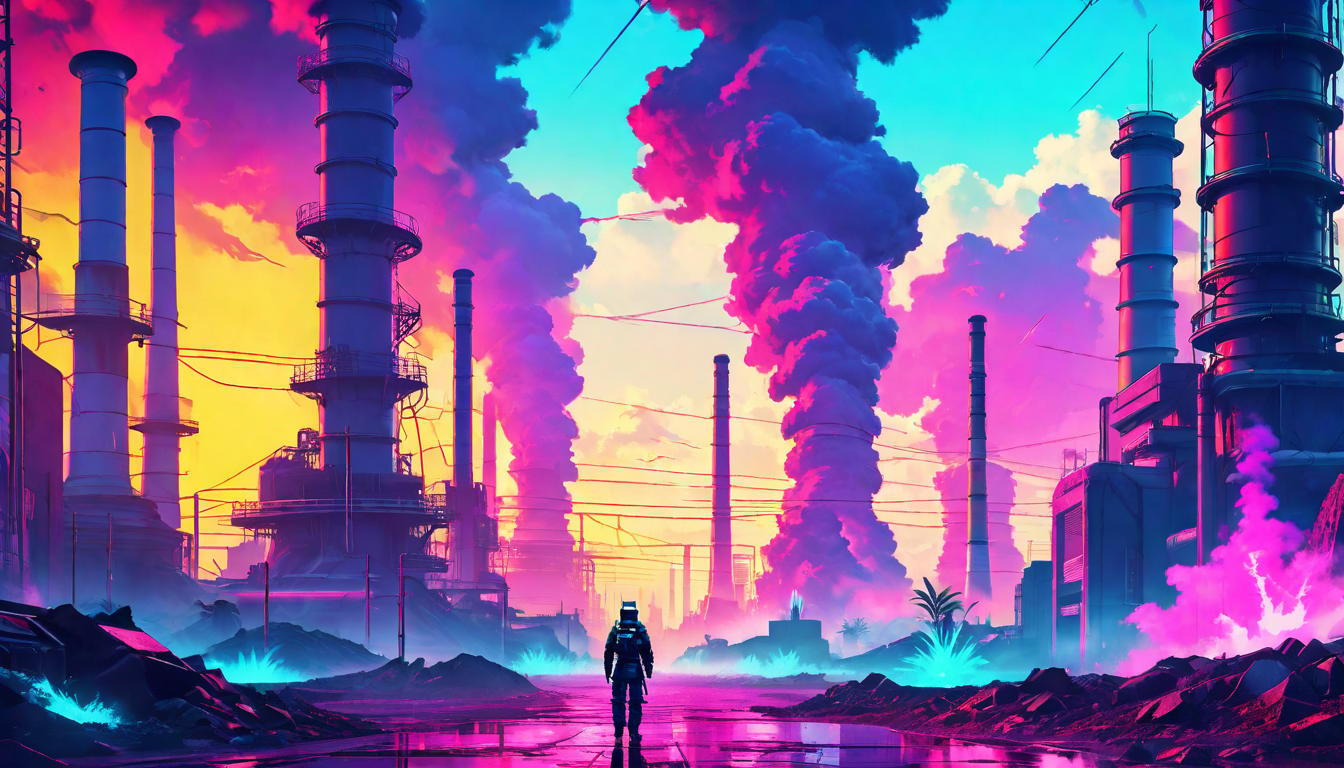  vaporwave,cyberpunk game style A cracked earth landscape, a sapling emerging from the fissure, overshadowed by industrial smokestacks in the distance. Mood: Conflict, emerging hope amidst despair.eon, dystopian, futuristic, digital, vibrant, detailed, high contrast, reminiscent of cyberpunk genre video games,retro aesthetic, cyberpunk, vibrant, neon colors, vintage 80s and 90s style, highly detailed