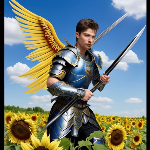  A masculine portrait of Archangel St. Michael dressed as a warrior holding a sword in right hand and shield in left hand. His right foot is crushing the neck of Lucifer. Ukraine flag is waving in a beautiful blue sky with sunflowers growing from the ground