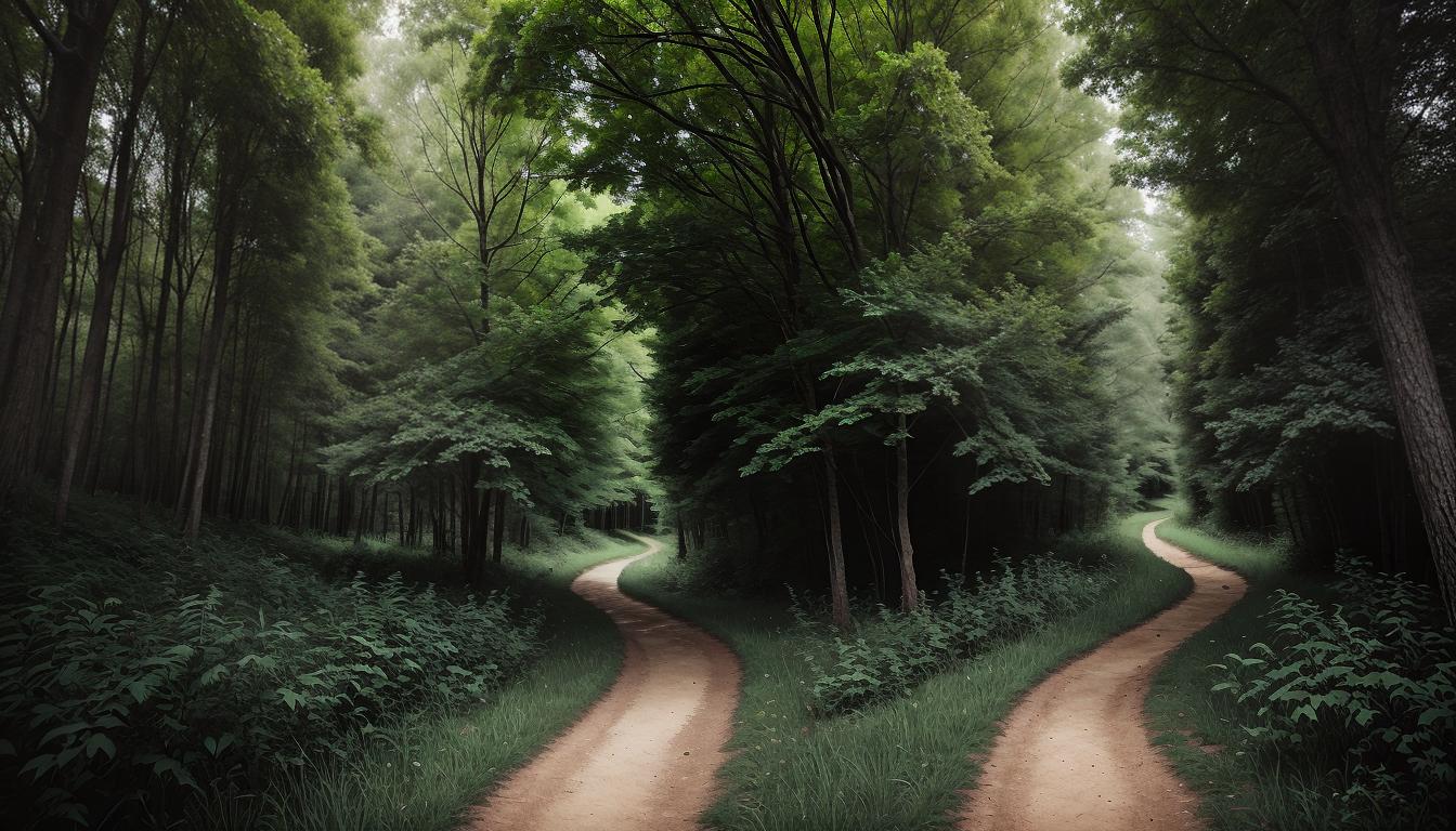  digital illustration, A winding path through a forest, only partly visible, sense of journey, unknown ahead, mystery, excitement, nature's enigma, looking at viewer, dynamic pose, (intricate details, masterpiece, best quality)