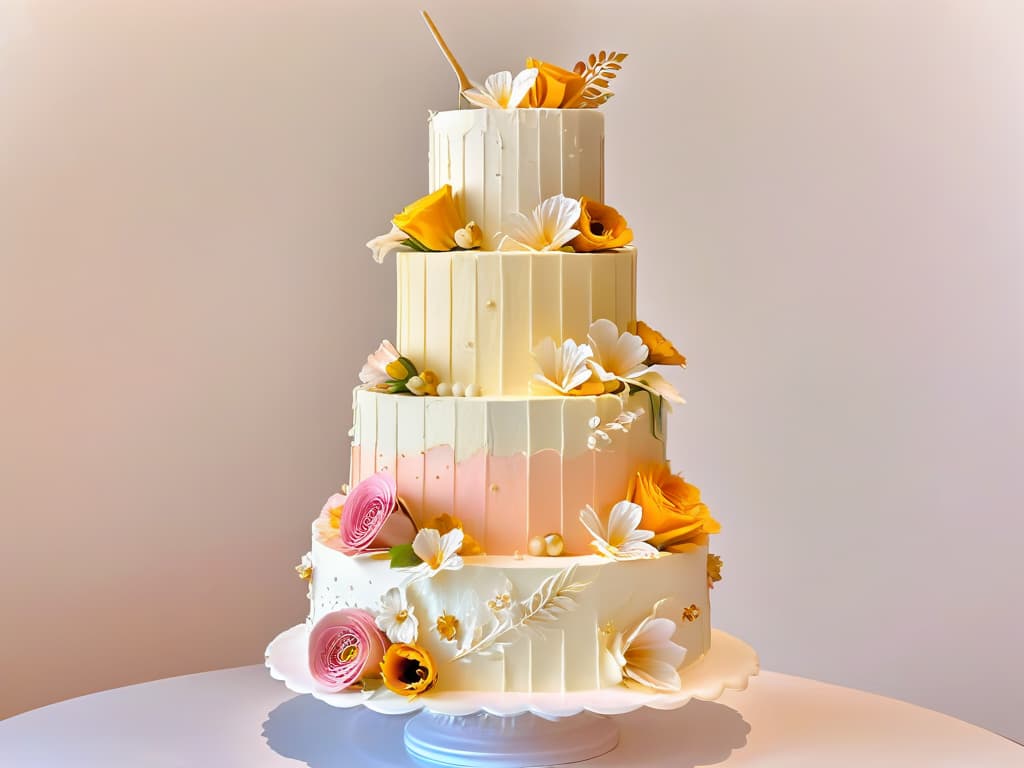  A closeup, ultradetailed image of a beautifully decorated, multilayered cake with intricate frosting designs in pastel colors, displayed on a minimalist white pedestal against a soft, blurred background. The cake is adorned with delicate edible flowers and shimmering gold accents, showcasing exquisite craftsmanship and artistry in the world of baking. hyperrealistic, full body, detailed clothing, highly detailed, cinematic lighting, stunningly beautiful, intricate, sharp focus, f/1. 8, 85mm, (centered image composition), (professionally color graded), ((bright soft diffused light)), volumetric fog, trending on instagram, trending on tumblr, HDR 4K, 8K