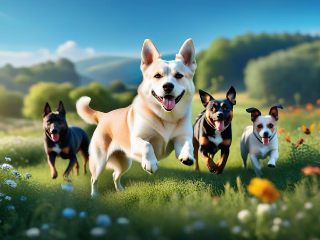  A stunning, ultradetailed image of a group of diverse, healthy dogs of various breeds happily playing together in a lush, green meadow under the bright sun. Each dog is glowing with vitality, showcasing their shiny coats and bright eyes. The backdrop includes vibrant flowers, butterflies fluttering around, and a clear blue sky. The image exudes a sense of joy, health, and wellbeing, perfectly complementing the informative and inspiring tone of the article on nutritional supplements for dogs. hyperrealistic, full body, detailed clothing, highly detailed, cinematic lighting, stunningly beautiful, intricate, sharp focus, f/1. 8, 85mm, (centered image composition), (professionally color graded), ((bright soft diffused light)), volumetric fog, trending on instagram, trending on tumblr, HDR 4K, 8K