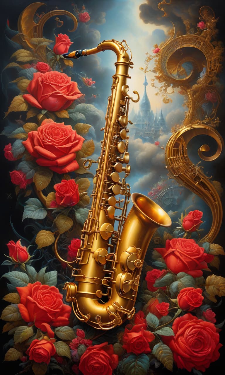  Oil painting. Distant plan. Highly detailed image of a golden perfectly shaped saxophone floating in the air. Background: surrealist abstract art. Surrealistic fractal mist from which intricate patterns of bright red roses and (Music Notes:1.2) emerge. (Floral decoration:1.25). Thin black curls of lines of magic and sorcery: fractal like gradients. Design Elegance. Bright colours. Stylistics: modern, neorococo, fantastic abstraction, surrealism, mysticism. In the manner of Andrew Jones, Fragonard, Jacek Yerka, Mark Keatley, James Christensen. High quality. High detail, hyperrealistic, full body, detailed clothing, highly detailed, cinematic lighting, stunningly beautiful, intricate, sharp focus, f/1. 8, 85mm, (centered image composition), (professionally color graded), ((bright soft diffused light)), volumetric fog, trending on instagram, trending on tumblr, HDR 4K, 8K