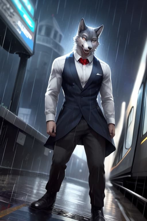  masterpiece, best quality, perfect anatomy, bright eyes, watery eyes, by t.y.stars, by null ghost, by k0bit0wani, furry, wolf, (felis:0.25), male, solo, dress and curls on hair , (open smile:1.1), gentle, looking at viewer, train station, rain, (waterdrop:0.9), grey sky, raining, (fog:0.4), detailed background hyperrealistic, full body, detailed clothing, highly detailed, cinematic lighting, stunningly beautiful, intricate, sharp focus, f/1. 8, 85mm, (centered image composition), (professionally color graded), ((bright soft diffused light)), volumetric fog, trending on instagram, trending on tumblr, HDR 4K, 8K