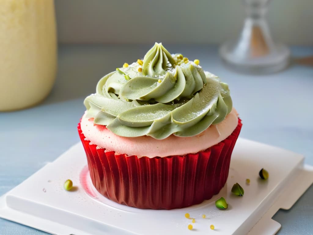  A closeup, ultradetailed image of a delicate, perfectly frosted cupcake with a glossy sheen on top. The cupcake is topped with a single vibrant red raspberry, glistening with tiny droplets of moisture, and a sprinkling of finely chopped pistachios. The background is softly blurred to keep the focus entirely on the intricate details of the cupcake, showcasing the artistry and elegance of diabeticfriendly baking. hyperrealistic, full body, detailed clothing, highly detailed, cinematic lighting, stunningly beautiful, intricate, sharp focus, f/1. 8, 85mm, (centered image composition), (professionally color graded), ((bright soft diffused light)), volumetric fog, trending on instagram, trending on tumblr, HDR 4K, 8K