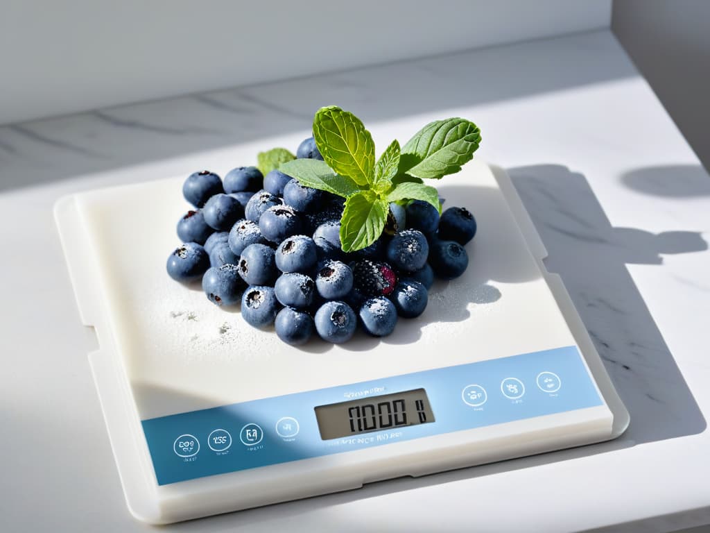  An ultradetailed closeup image of a sleek, modern digital kitchen scale with a precision display showing precise measurements in grams, placed on a clean, white marble countertop. The scale is reflecting ambient light, highlighting its glossy surface, while a scattering of vibrant, fresh ingredients like berries and herbs are artfully arranged around it, adding a pop of color and a sense of culinary inspiration to the scene. hyperrealistic, full body, detailed clothing, highly detailed, cinematic lighting, stunningly beautiful, intricate, sharp focus, f/1. 8, 85mm, (centered image composition), (professionally color graded), ((bright soft diffused light)), volumetric fog, trending on instagram, trending on tumblr, HDR 4K, 8K