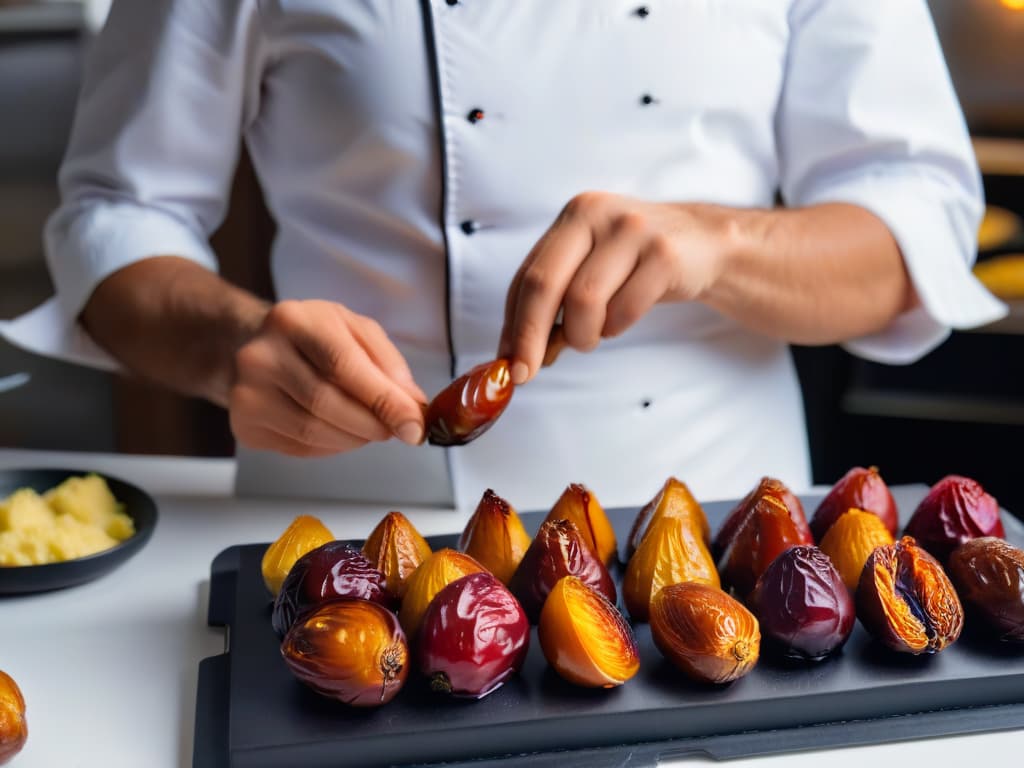  A highresolution image of a chef delicately removing the pits from plump, juicy dates, showcasing the intricate process of preparing dates for baking, with a modern and minimalistic aesthetic. hyperrealistic, full body, detailed clothing, highly detailed, cinematic lighting, stunningly beautiful, intricate, sharp focus, f/1. 8, 85mm, (centered image composition), (professionally color graded), ((bright soft diffused light)), volumetric fog, trending on instagram, trending on tumblr, HDR 4K, 8K