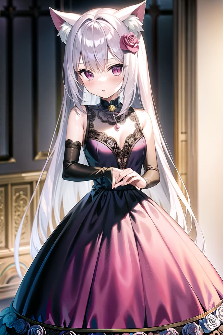  master piece , best quality,Hair gradient from silver to pink Odd eyes, front, cat ears, dress, full length, bell, rose, floral ornament, slender.