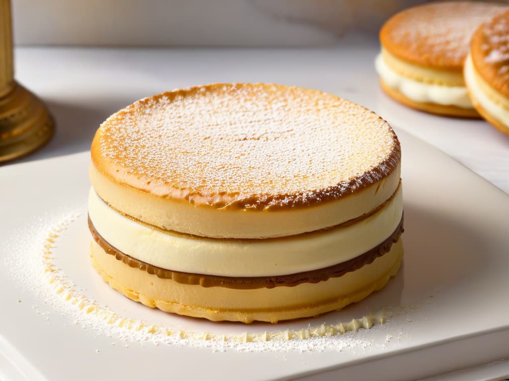  A closeup, highresolution image of a freshly baked alfajor with a delicate dusting of powdered sugar on top, showcasing its golden, crumbly exterior and a peek of the dulce de leche filling oozing out slightly from the sides. The background is a soft, neutral tone to highlight the intricate textures and layers of the alfajor, emphasizing its homemade, artisanal quality. hyperrealistic, full body, detailed clothing, highly detailed, cinematic lighting, stunningly beautiful, intricate, sharp focus, f/1. 8, 85mm, (centered image composition), (professionally color graded), ((bright soft diffused light)), volumetric fog, trending on instagram, trending on tumblr, HDR 4K, 8K