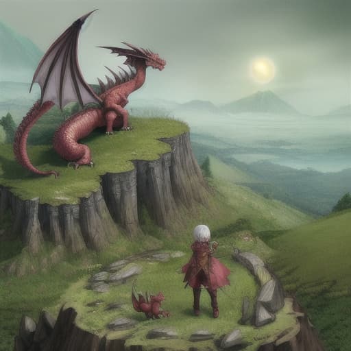  Big dragons on a hill and fantasy with a small girl standing