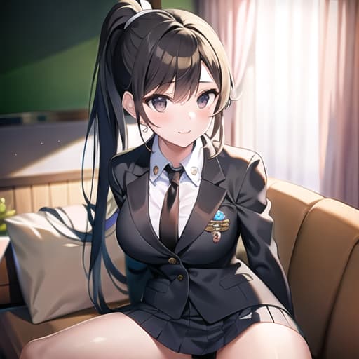  master piece , best quality,High school girl, ponytail, uniform, black eyes,