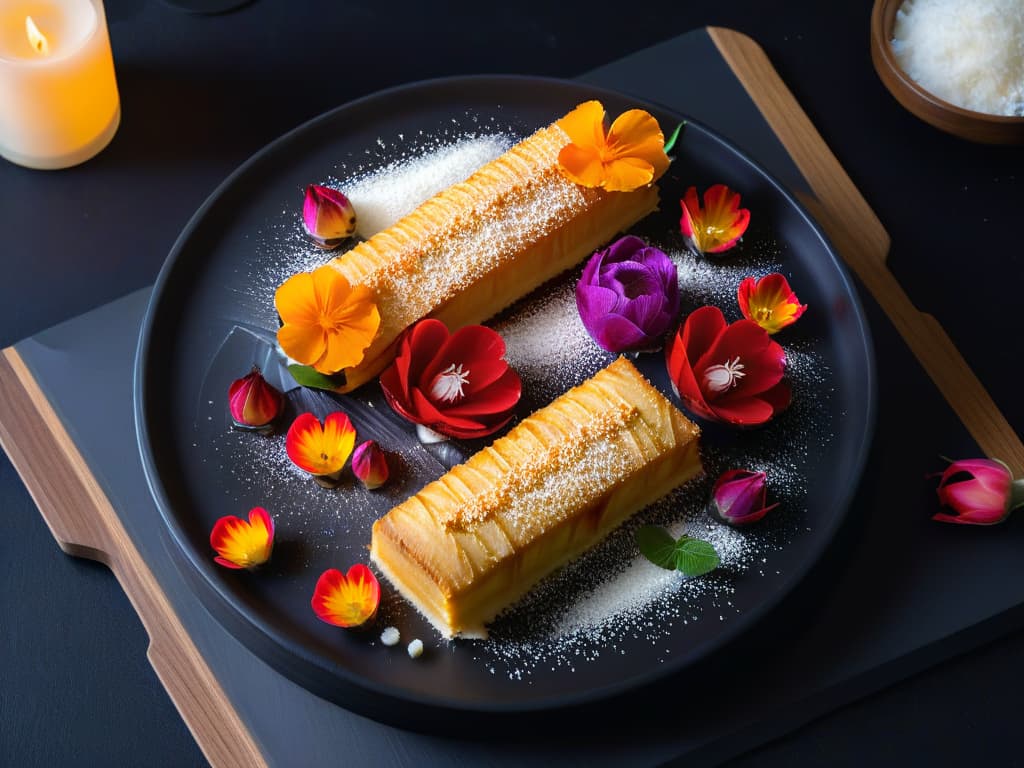  An ultradetailed image of a minimalist dessert platter featuring exotic pastries drizzled with coconut sugar syrup, delicately garnished with coconut shavings and edible flowers, set against a sleek black slate backdrop. The intricate textures and vibrant colors of the desserts pop against the dark surface, creating a visually stunning and enticing display that perfectly complements the theme of exotic sweetness and innovation in dessert making. hyperrealistic, full body, detailed clothing, highly detailed, cinematic lighting, stunningly beautiful, intricate, sharp focus, f/1. 8, 85mm, (centered image composition), (professionally color graded), ((bright soft diffused light)), volumetric fog, trending on instagram, trending on tumblr, HDR 4K, 8K